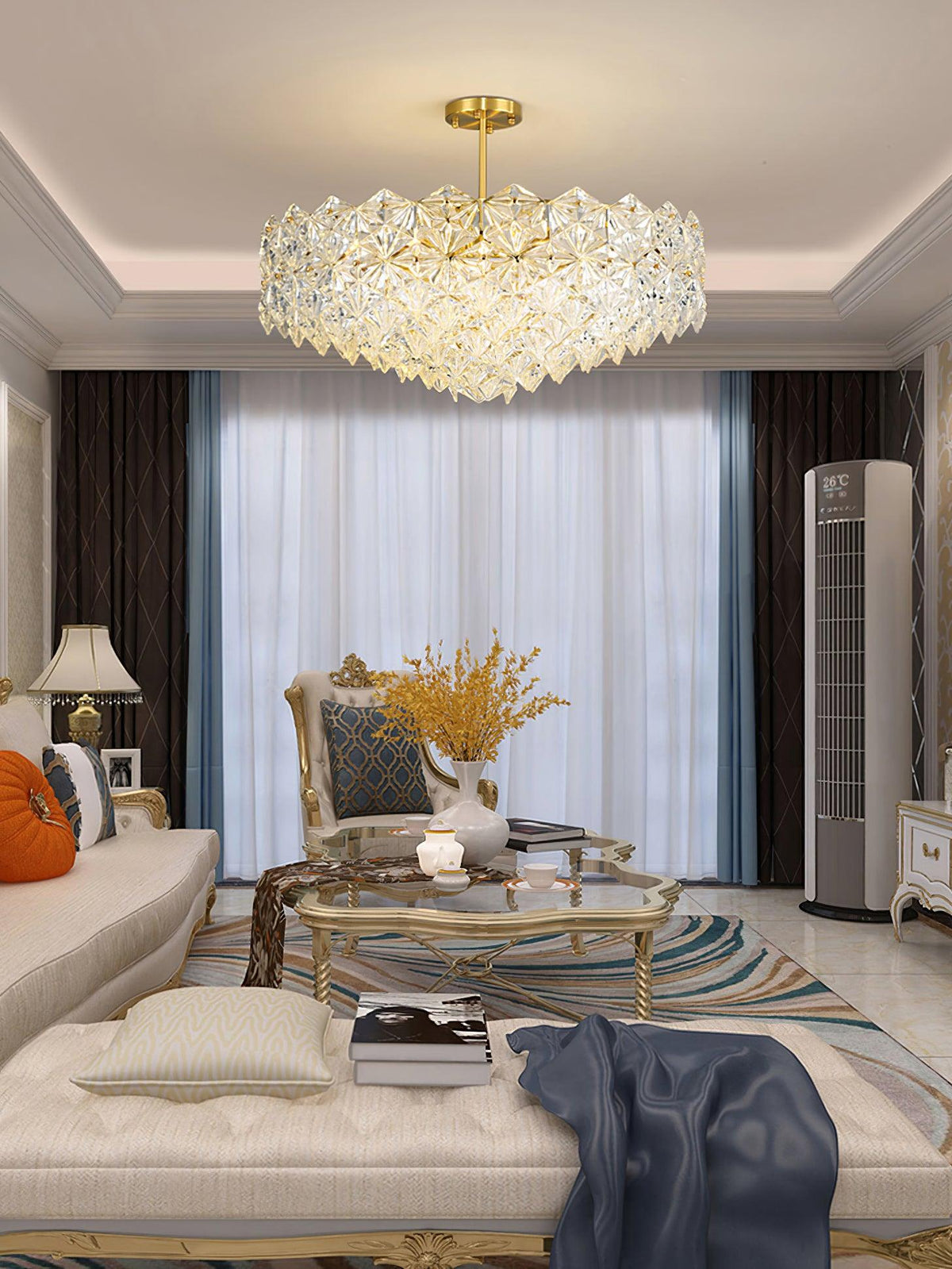 Candeeiro de lustre Eirararia em vidro dourado com flocos de neve