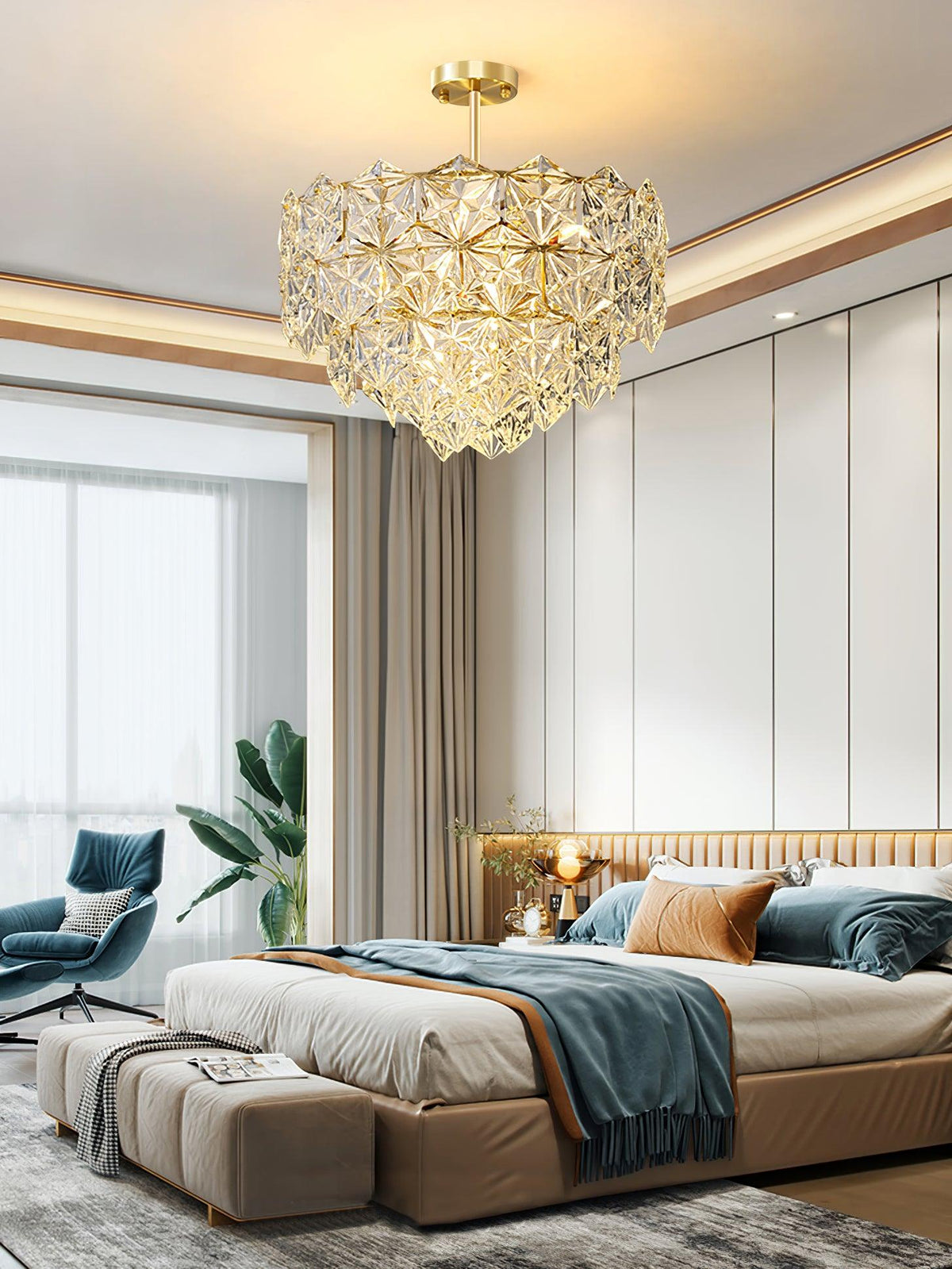 Candeeiro de lustre Eirararia em vidro dourado com flocos de neve