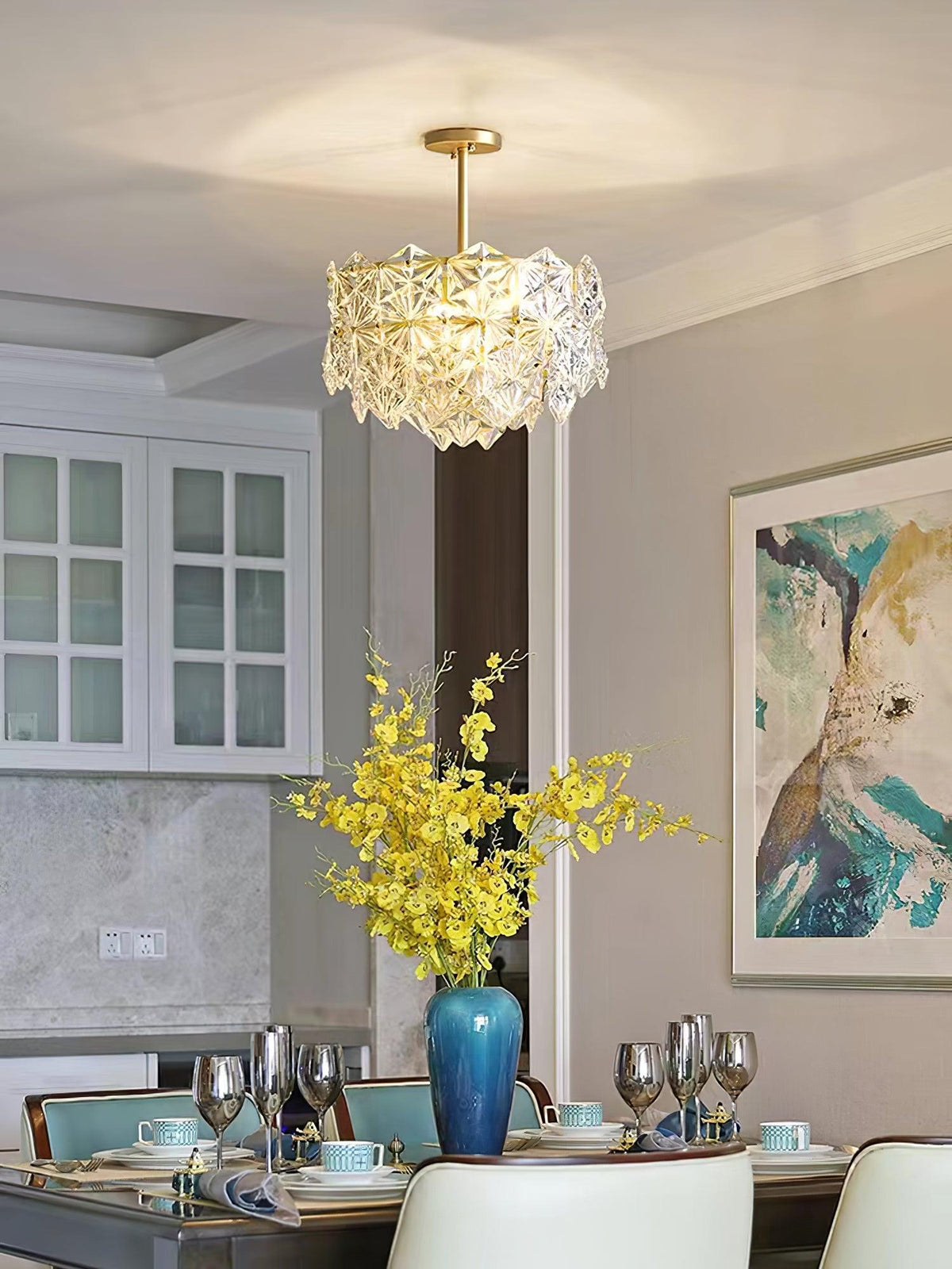 Candeeiro de lustre Eirararia em vidro dourado com flocos de neve