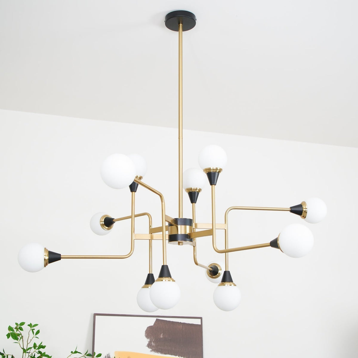 Candeeiro de lustre Stilnovo de latão e vidro preto Wasgt