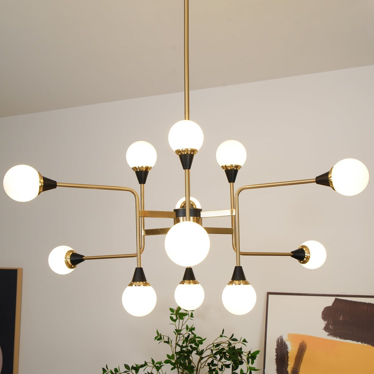 Candeeiro de lustre Stilnovo de latão e vidro preto Wasgt