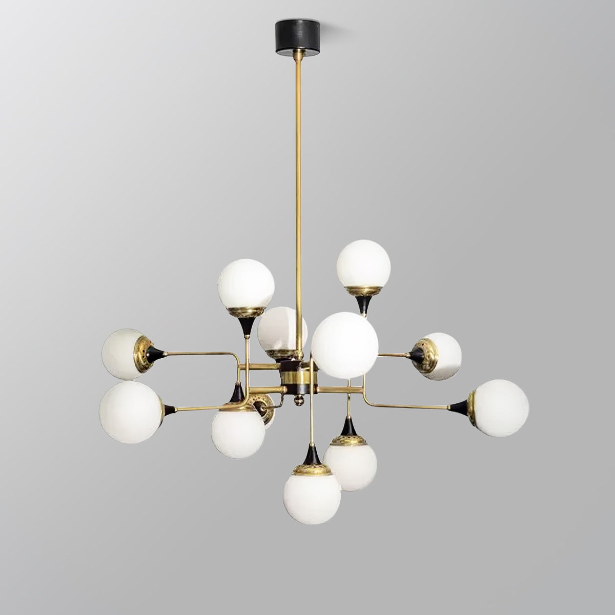 Candeeiro de lustre Stilnovo de latão e vidro preto Wasgt