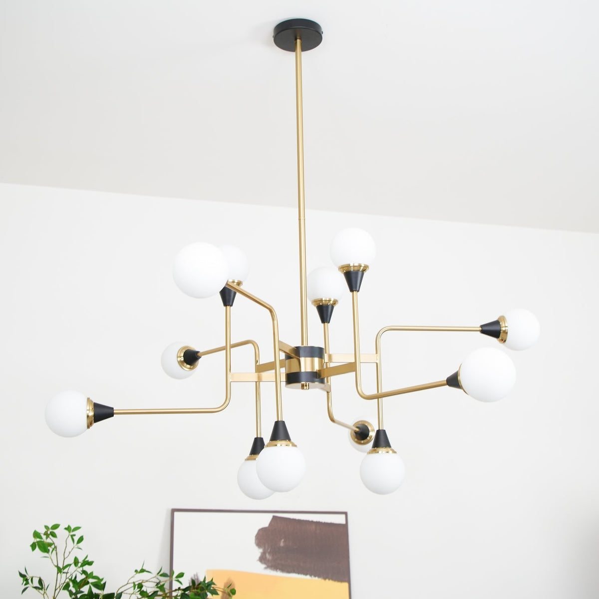 Candeeiro de lustre Stilnovo de latão e vidro preto Wasgt