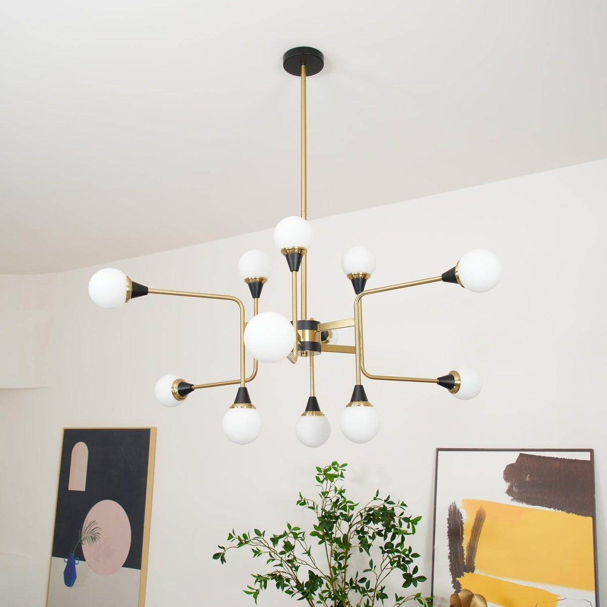 Candeeiro de lustre Stilnovo de latão e vidro preto Wasgt
