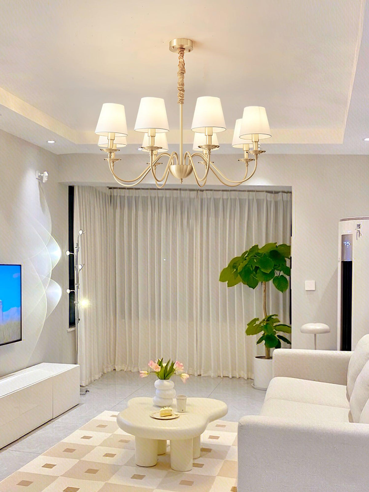 Candeeiro de lustre clássico Auruora em latão com cúpula de tecido