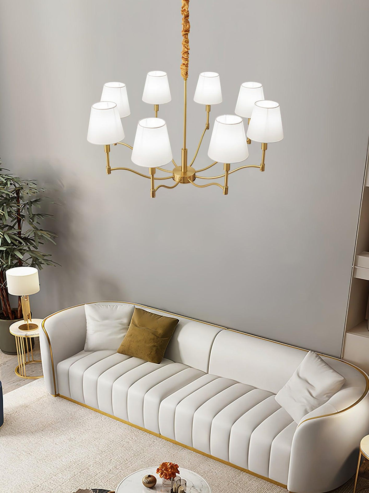 Candeeiro de lustre clássico Auruora em latão com cúpula de tecido