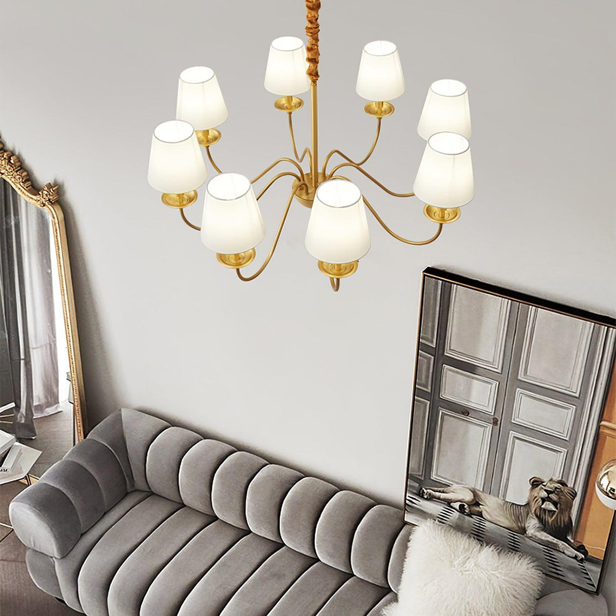 Candeeiro de lustre clássico Auruora em latão com cúpula de tecido