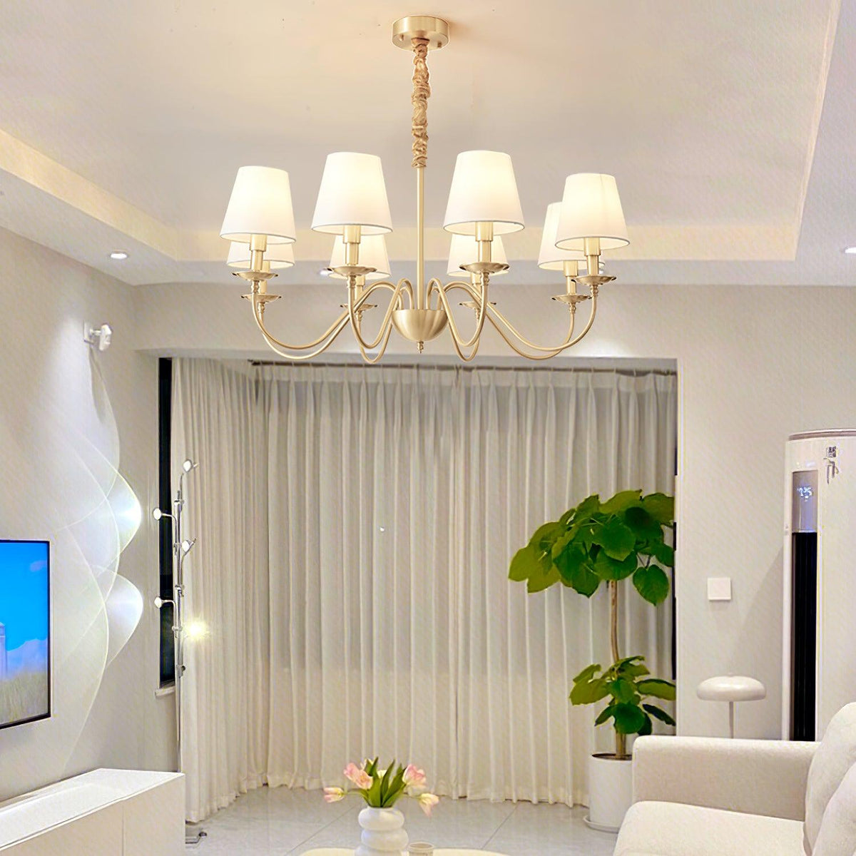 Candeeiro de lustre clássico Auruora em latão com cúpula de tecido