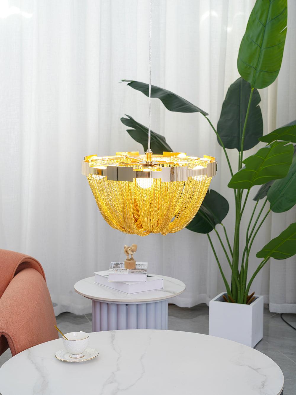 Talj loftslampe med kvaster, aluminiumskæde og nikkelramme