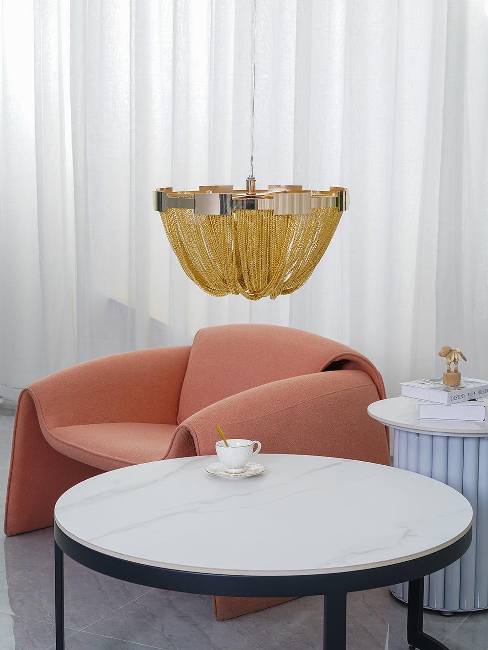 Talj loftslampe med kvaster, aluminiumskæde og nikkelramme