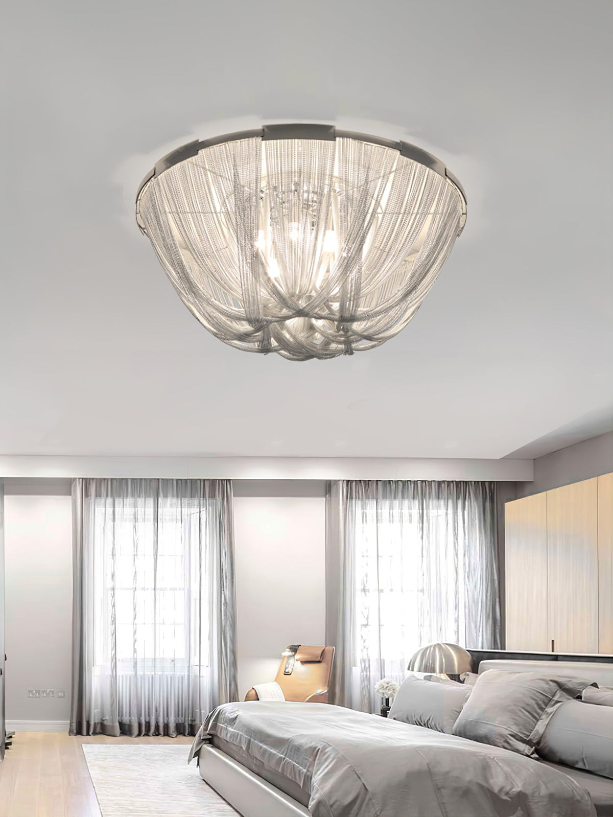 Talj loftslampe med kvaster, aluminiumskæde og nikkelramme