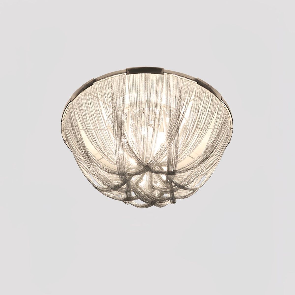 Talj loftslampe med kvaster, aluminiumskæde og nikkelramme