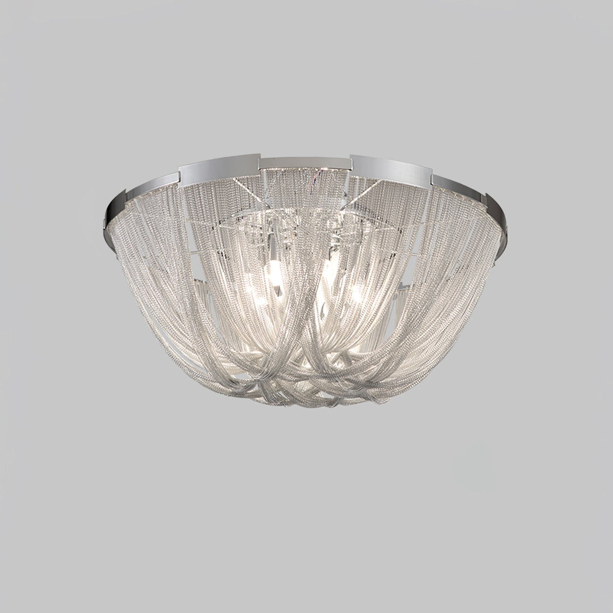 Talj loftslampe med kvaster, aluminiumskæde og nikkelramme