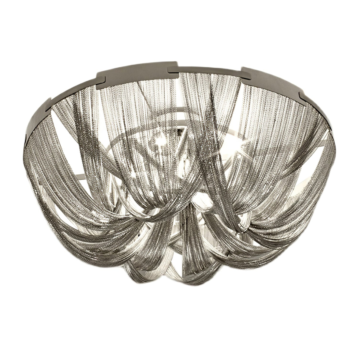 Talj loftslampe med kvaster, aluminiumskæde og nikkelramme