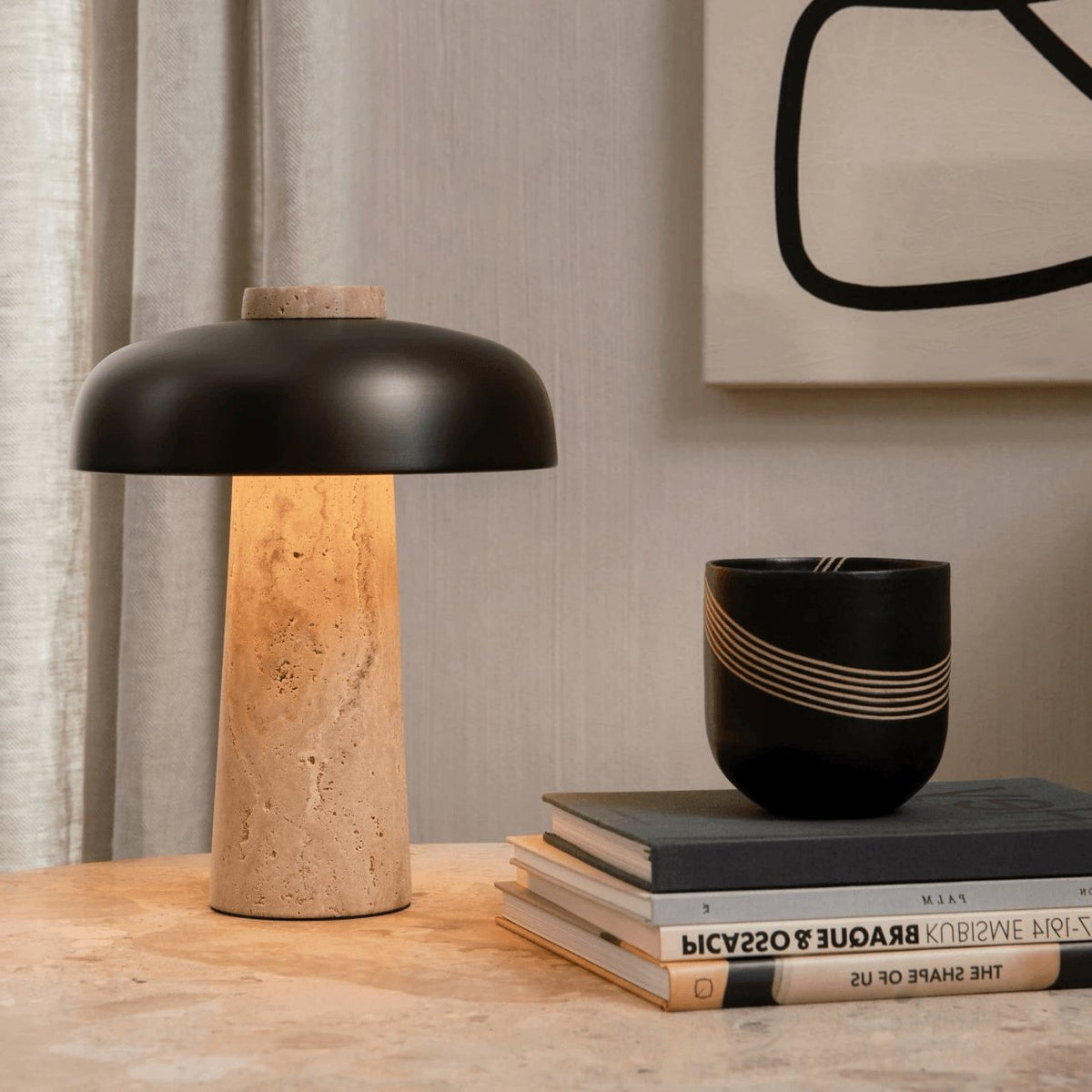 Tavivira svampeformet travertinbordlampe