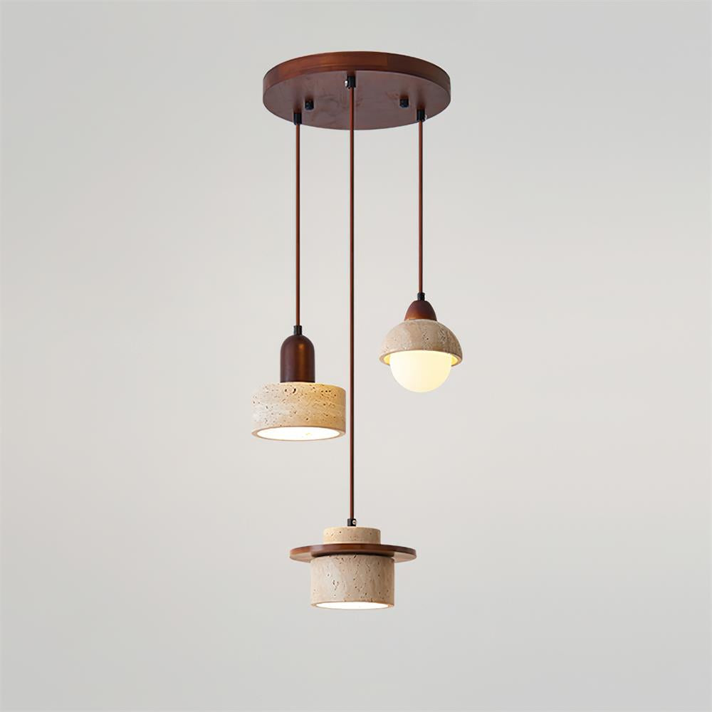 Conjunto de candeeiros suspensos Eluno, pedra travertino, várias luzes