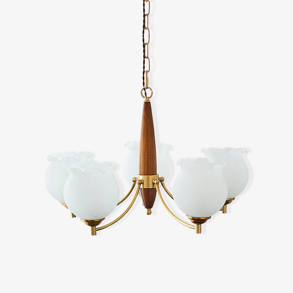 Elvelora vintage-lysekrone med tulipanformede glaskupler, træ og messing