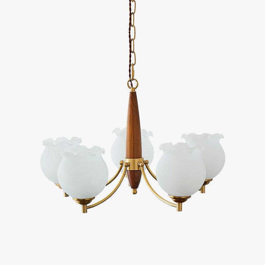 Elvelora vintage-lysekrone med tulipanformede glaskupler, træ og messing