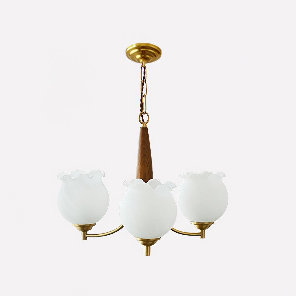 Elvelora vintage-lysekrone med tulipanformede glaskupler, træ og messing