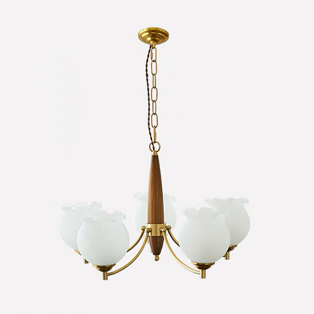 Elvelora vintage-lysekrone med tulipanformede glaskupler, træ og messing