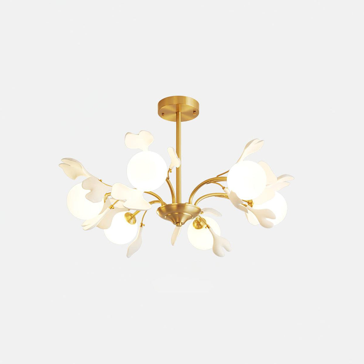 Candeeiro de teto Ginkgo com folhas e globos de vidro fosco