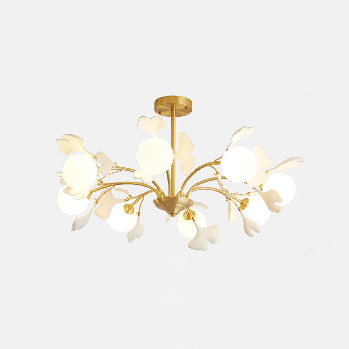 Candeeiro de teto Ginkgo com folhas e globos de vidro fosco