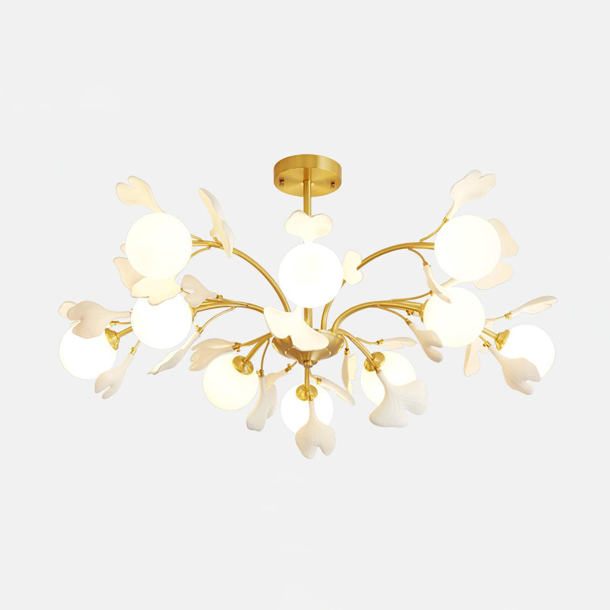 Candeeiro de teto Ginkgo com folhas e globos de vidro fosco