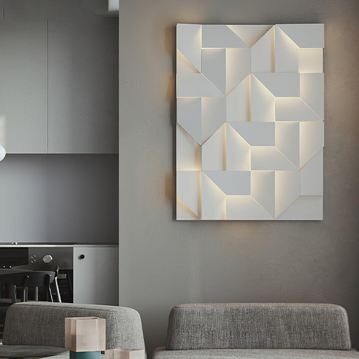 Væglampe med 3D-geometriske paneler, lagdelt lyskunst, fjernbetjent dæmpning, moderne