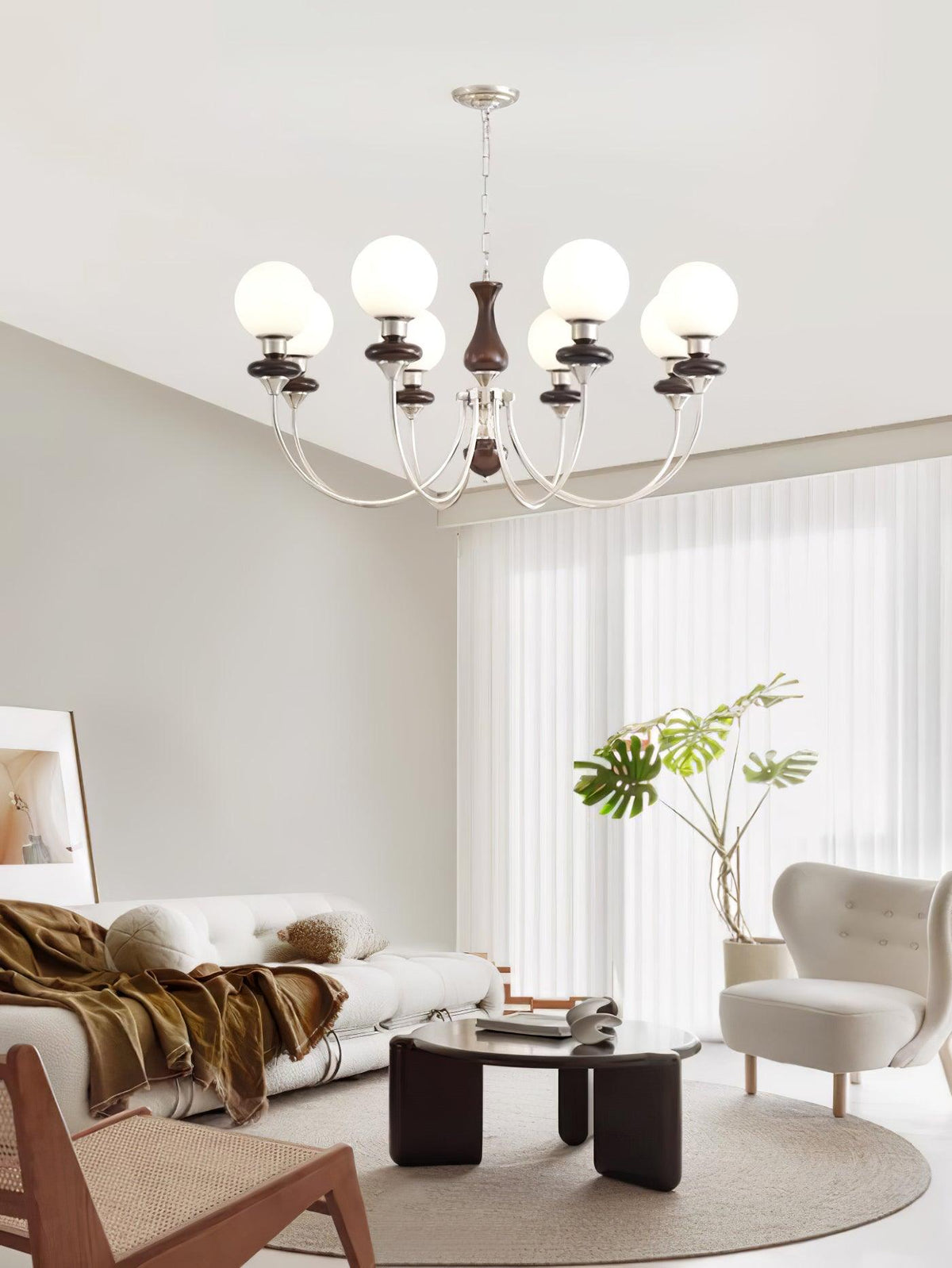 Rinoelle Retro -kattokruunu, messinkiä, pähkinäpuuta ja lasia