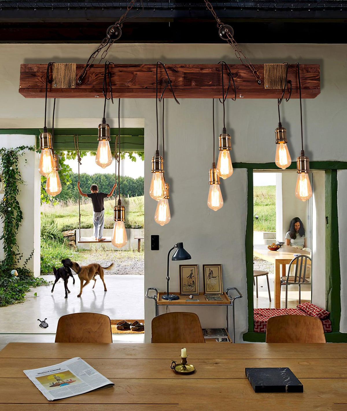 Wexb-kattokruunu, puupalkki, Edison-lamppu, rustiikkinen maalaistyyli