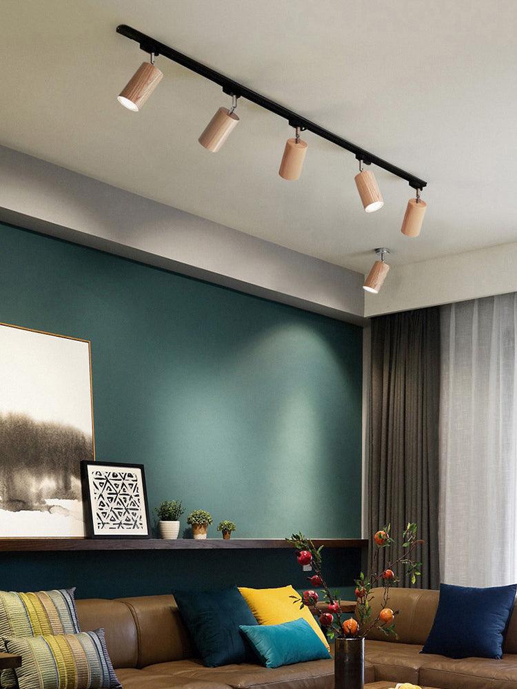Elviian loftlampe i træ med skinne og justerbare lampehoveder
