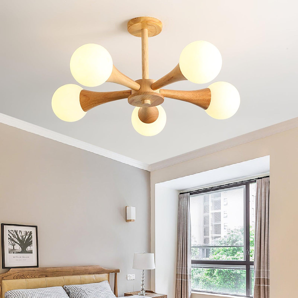Lustre retro Drae com globo de madeira