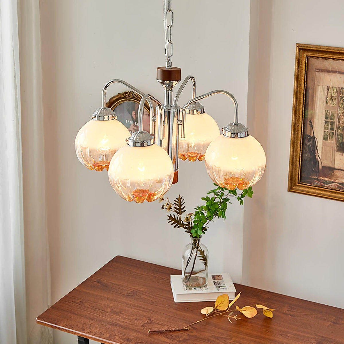 Lustre de vidro e nogueira, nórdico, artístico e com flores Ulliria