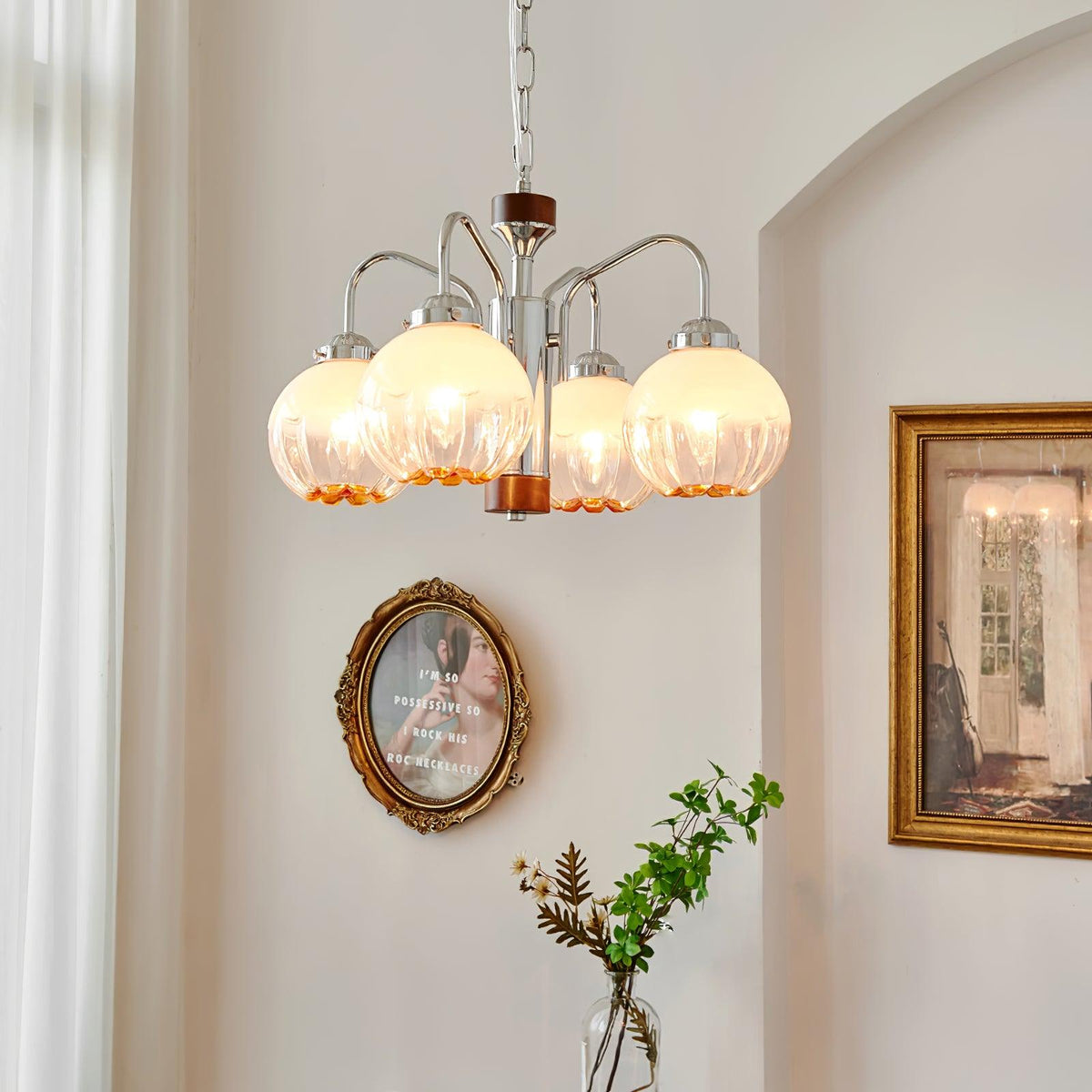 Lustre de vidro e nogueira, nórdico, artístico e com flores Ulliria