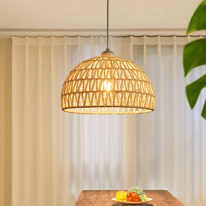 Ritta boho-retro LED-pendellampa i trä och rotting – sovrum/restaurang