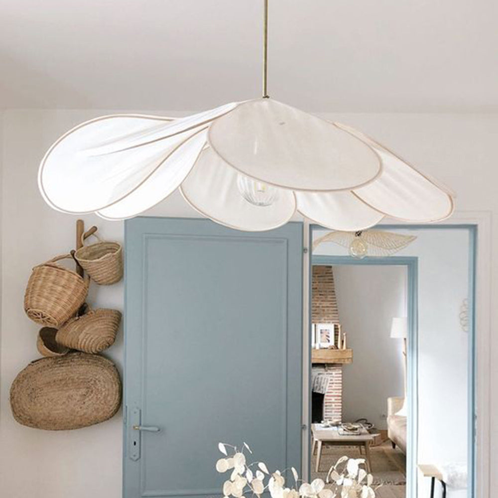 Ritta pendellampa i vintagerustik wabi-sabi-stil, tyg, vit/brun