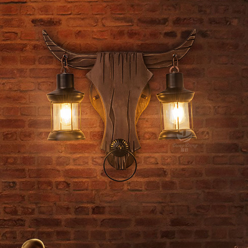 Austin vintage vägglampa i form av tjur, 2-armad, trä/metall, sovrum
