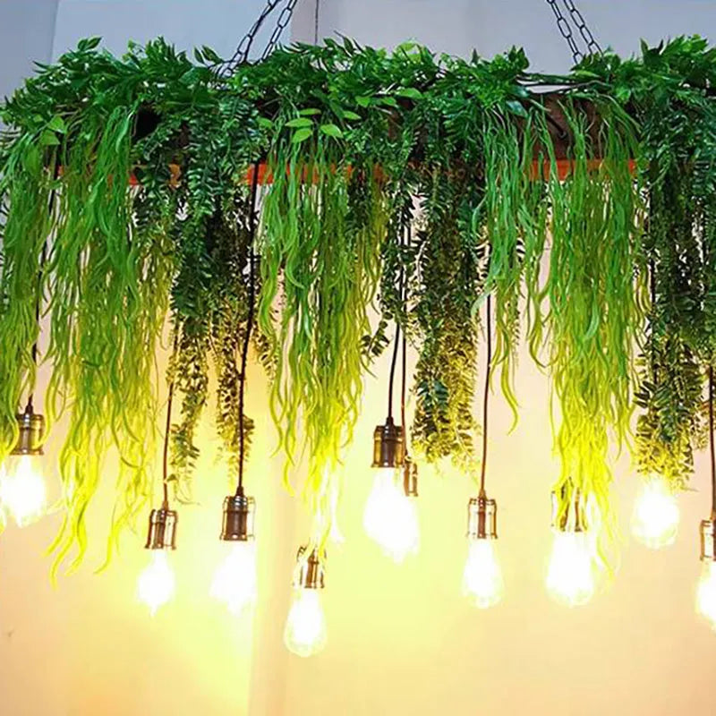 Ritta naturlig dekorativ rektangulær pendellampe i metal med plante, grøn