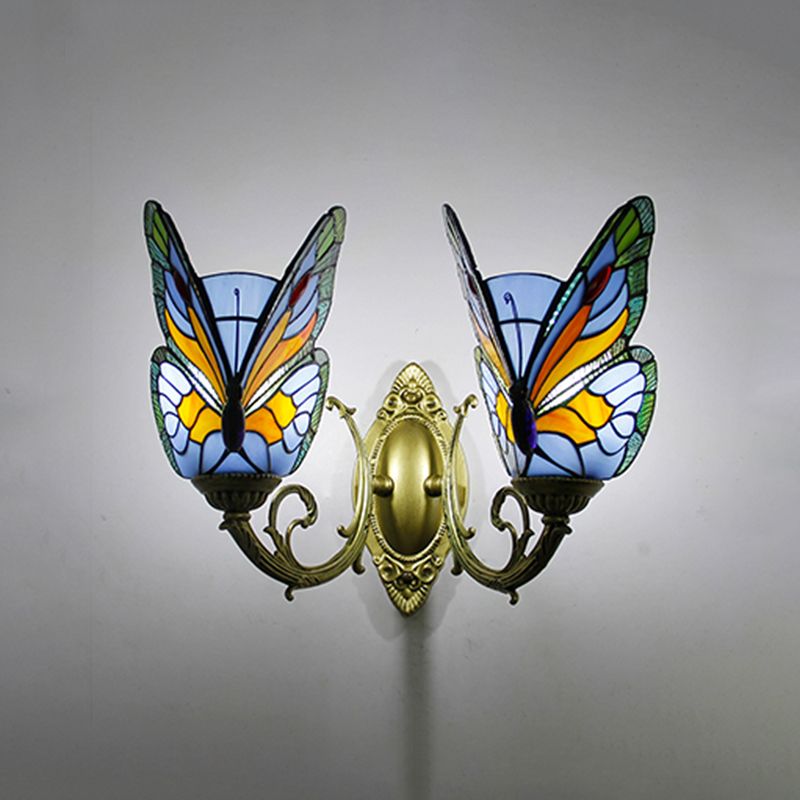 Arisha konstnärlig fjärilsformad vägglampa i metall/glas, röd/blå/flerfärgad/ljusblå