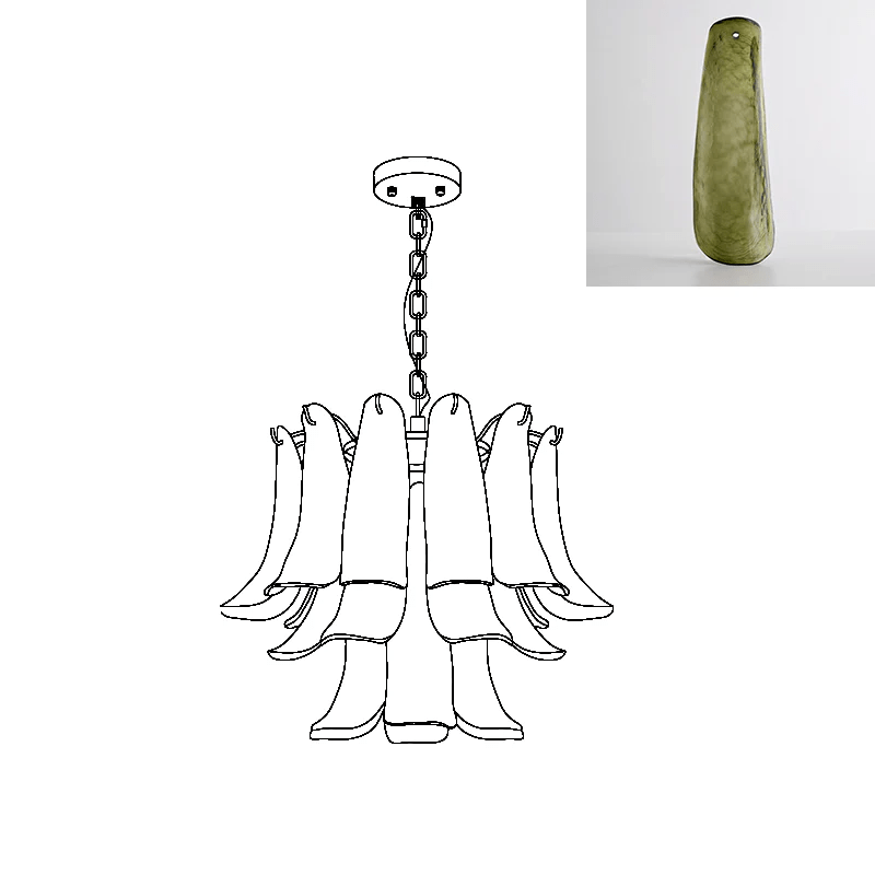 Elvess ljuskrona i muranoglas med gyllene blad