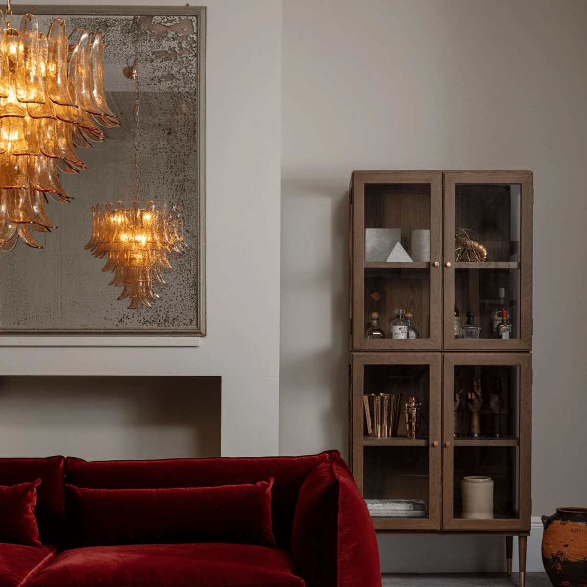 Lykne lysekrone med ravfarvede Murano-glasblade i midcentury-stil