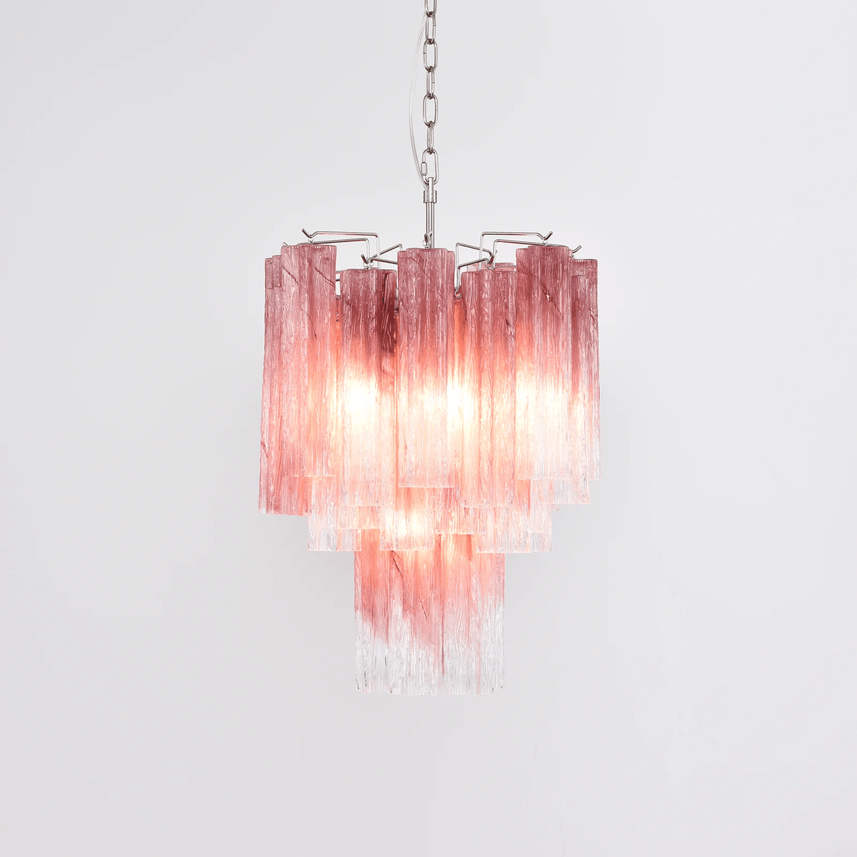 Veluora lysekrone i Murano-glas med rosa gradient og flere niveauer