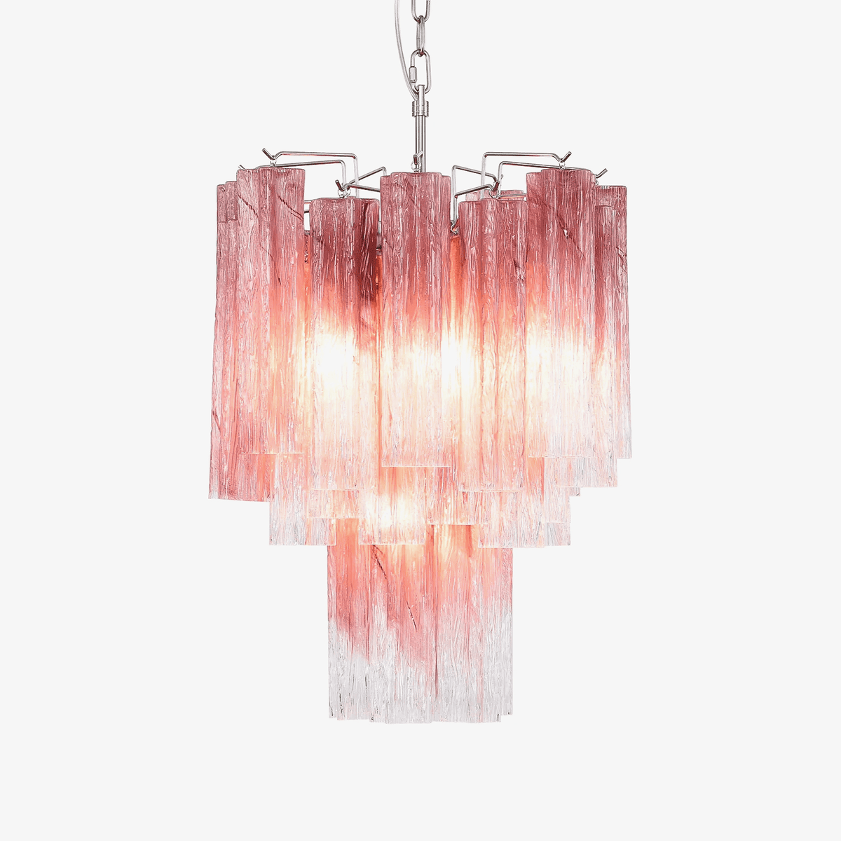 Veluora lysekrone i Murano-glas med rosa gradient og flere niveauer