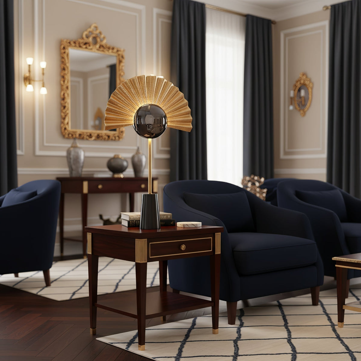 Candeeiro de mesa Virelune com leque dourado