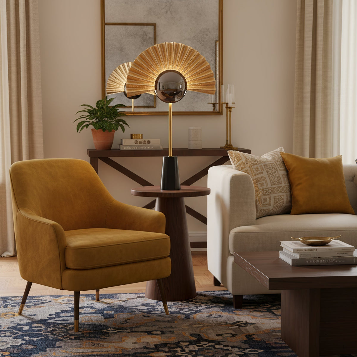 Candeeiro de mesa Virelune com leque dourado