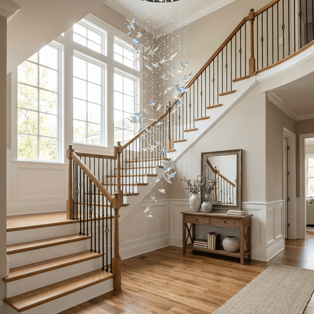 Volans-lysekrone med sommerfugle- og krystalglasdesign