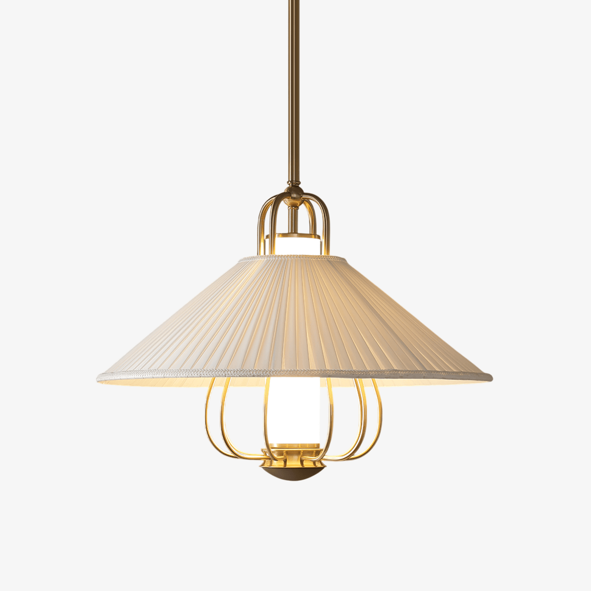 Candeeiro suspenso Solisiella em tecido dourado com LED para sala de jantar