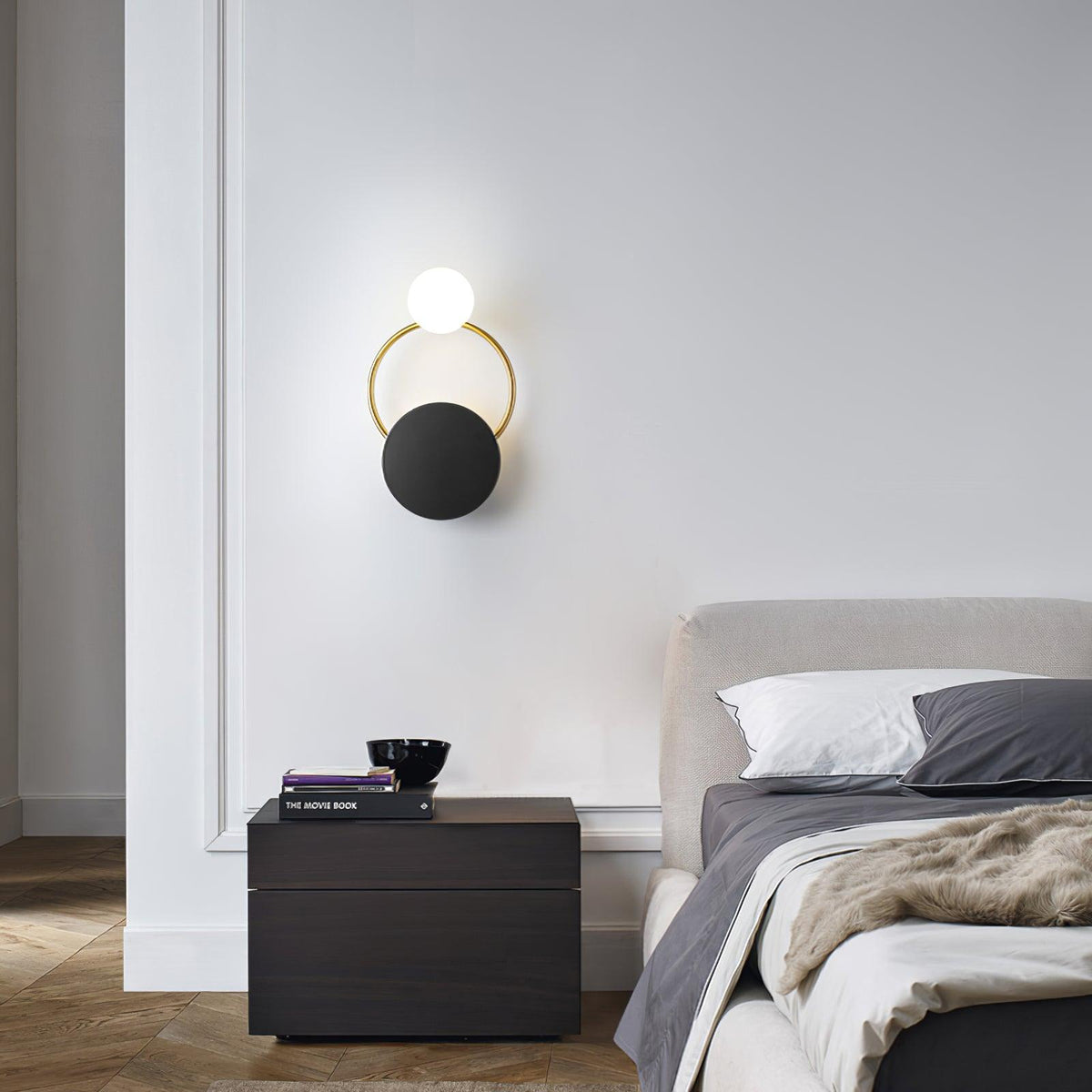 Arisha Modern LED Triple Rings Wall Lamp, Metal/Glass, Gold/Black, Bedroom