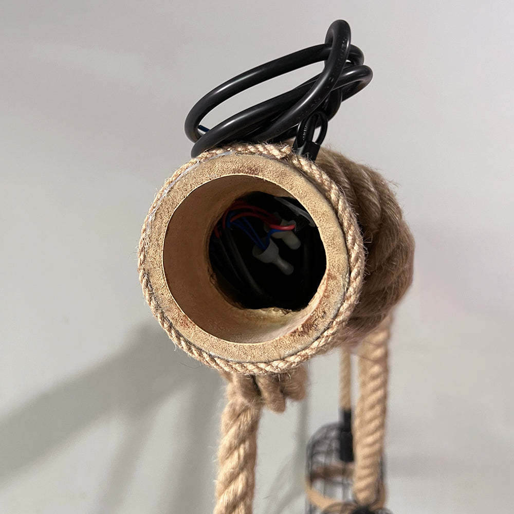 Silva vintage taklampa med 3 ljuskällor i trä och rep