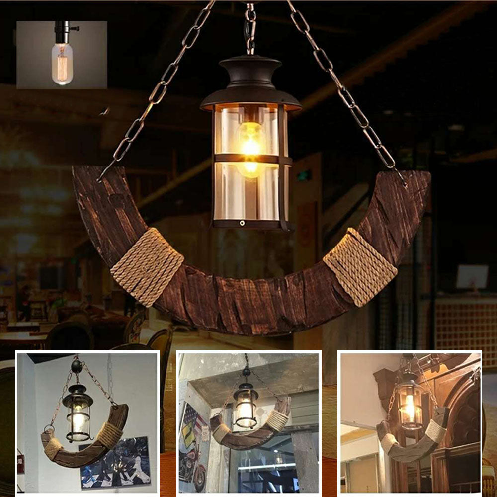 Epoch retro rustik buet pendellampe med lanterne i metal/træ og glas